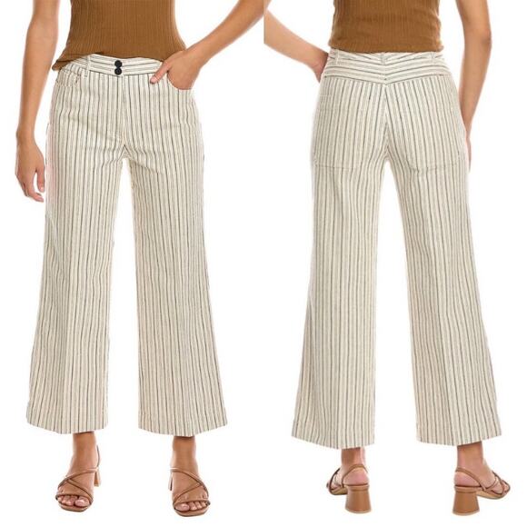Rebecca Taylor Striped Jeans US 2 Cream Wide Leg Twill Pants Boho Preppy Coastal - Picture 1 of 16